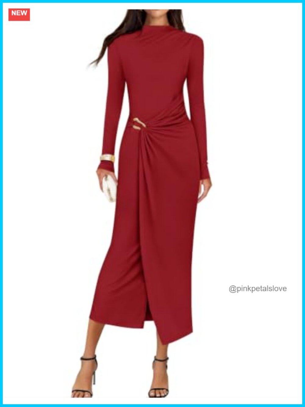 Mock Neck Ruched Long Sleeve Bodycon Midi Dress for Wedding Guest Cocktail Party
